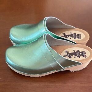 Metallic Green Leather Mules